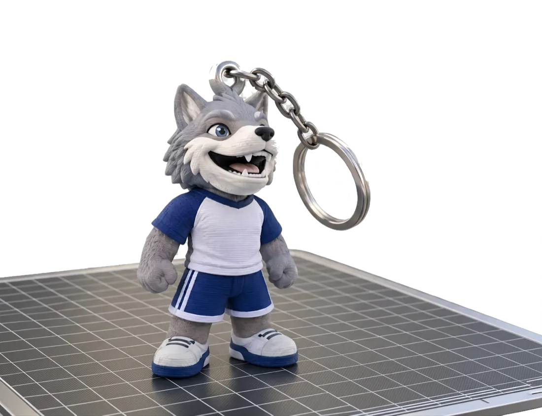Render 3D del llavero con la mascota del Colegio Americano